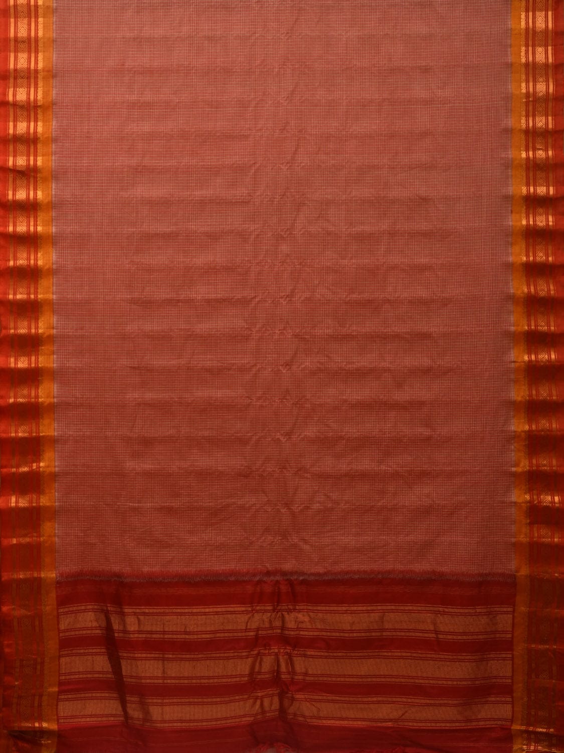 Rust and Red Gadwal Cotton Handloom Saree with Checks Design No Blouse g0319