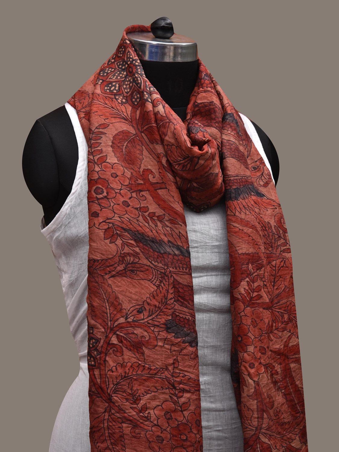 Rust and Red Kalamkari Hand Painted Kanchipuram Silk Handloom Dupatta with Flowers and Birds Design ds2659