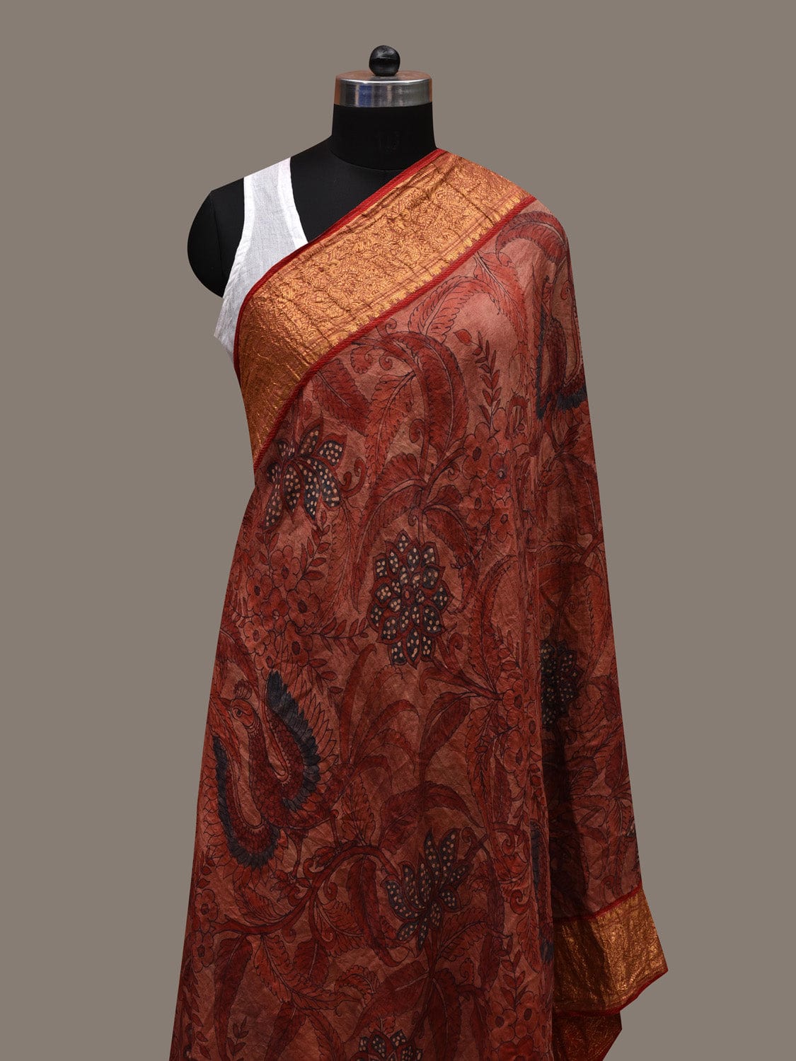 Rust and Red Kalamkari Hand Painted Kanchipuram Silk Handloom Dupatta with Flowers and Birds Design ds2659