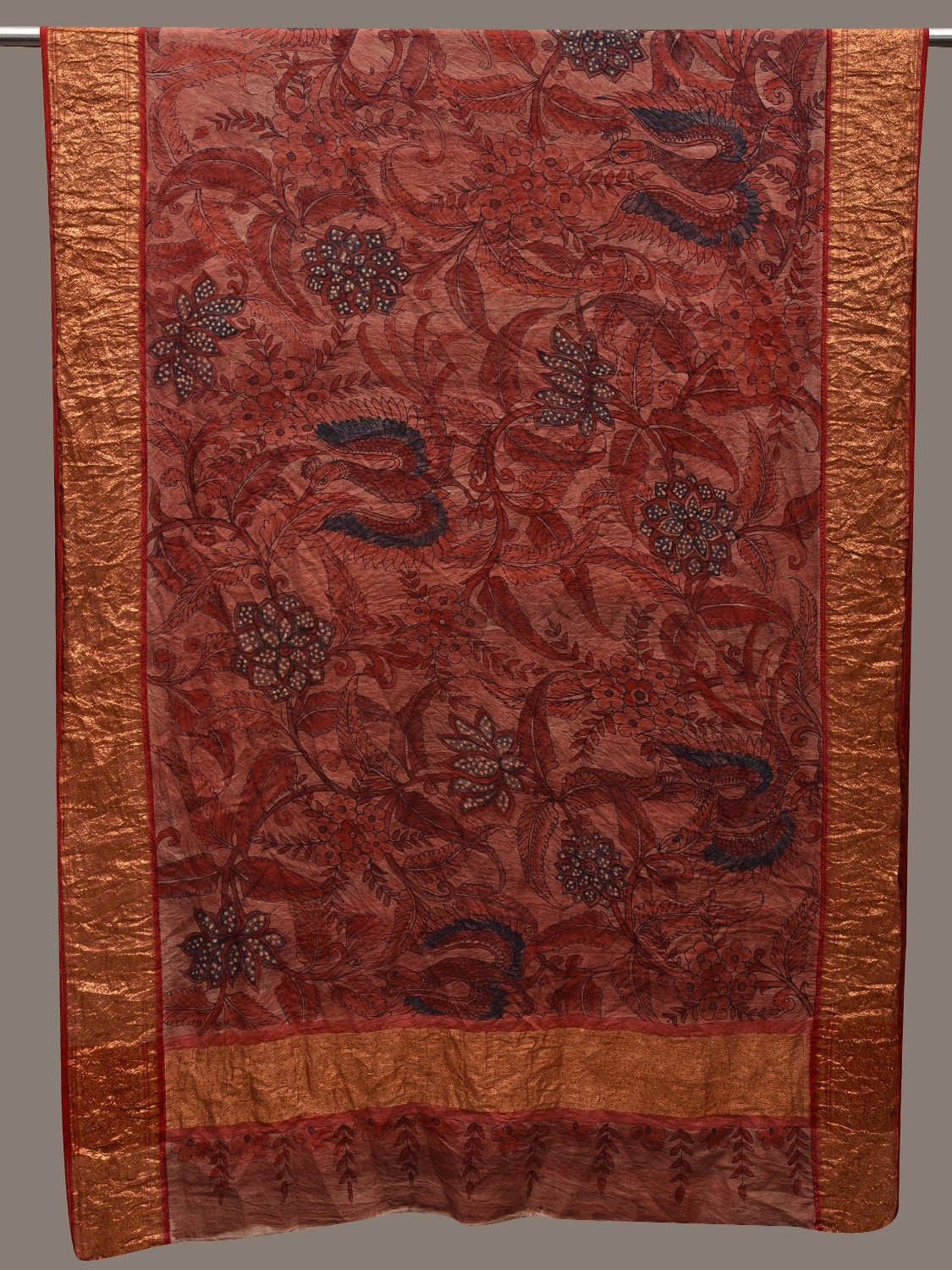 Rust and Red Kalamkari Hand Painted Kanchipuram Silk Handloom Dupatta with Flowers and Birds Design ds2659