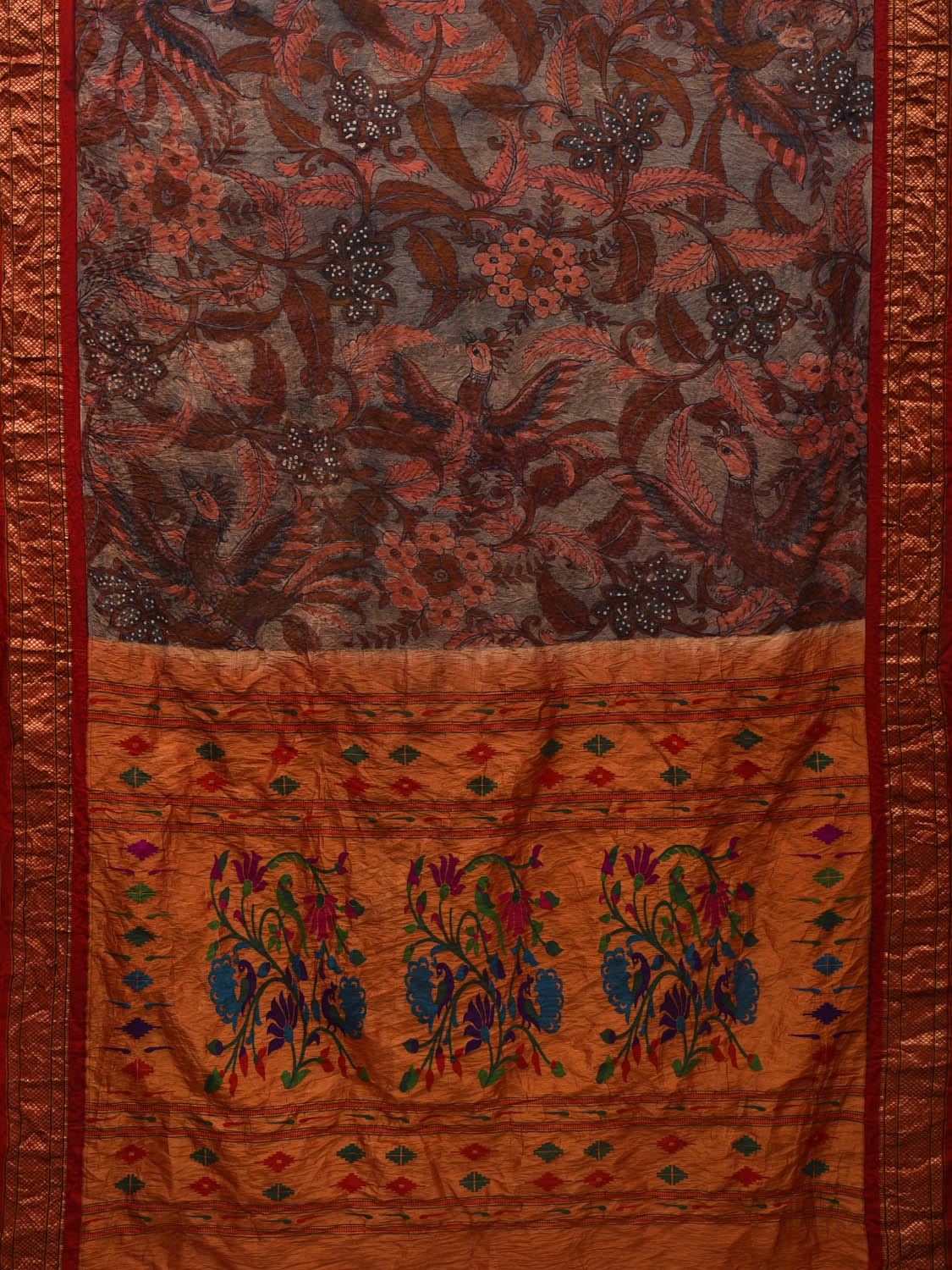Rust and Red Kalamkari Hand Painted Paithani Silk Handloom Saree with Floral and Birds Design KL0606