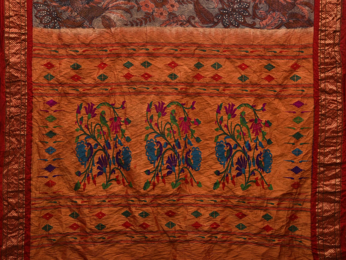 Rust and Red Kalamkari Hand Painted Paithani Silk Handloom Saree with Floral and Birds Design KL0606