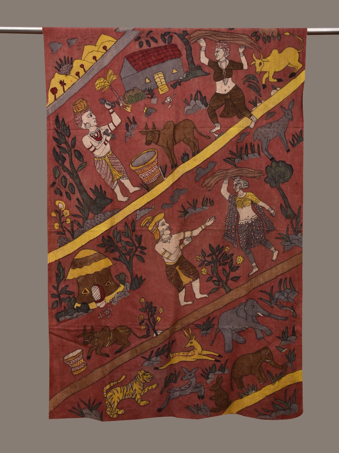 Rust Kalamkari Hand Painted Cotton Handloom Dupatta with Village Theme Design ds2953
