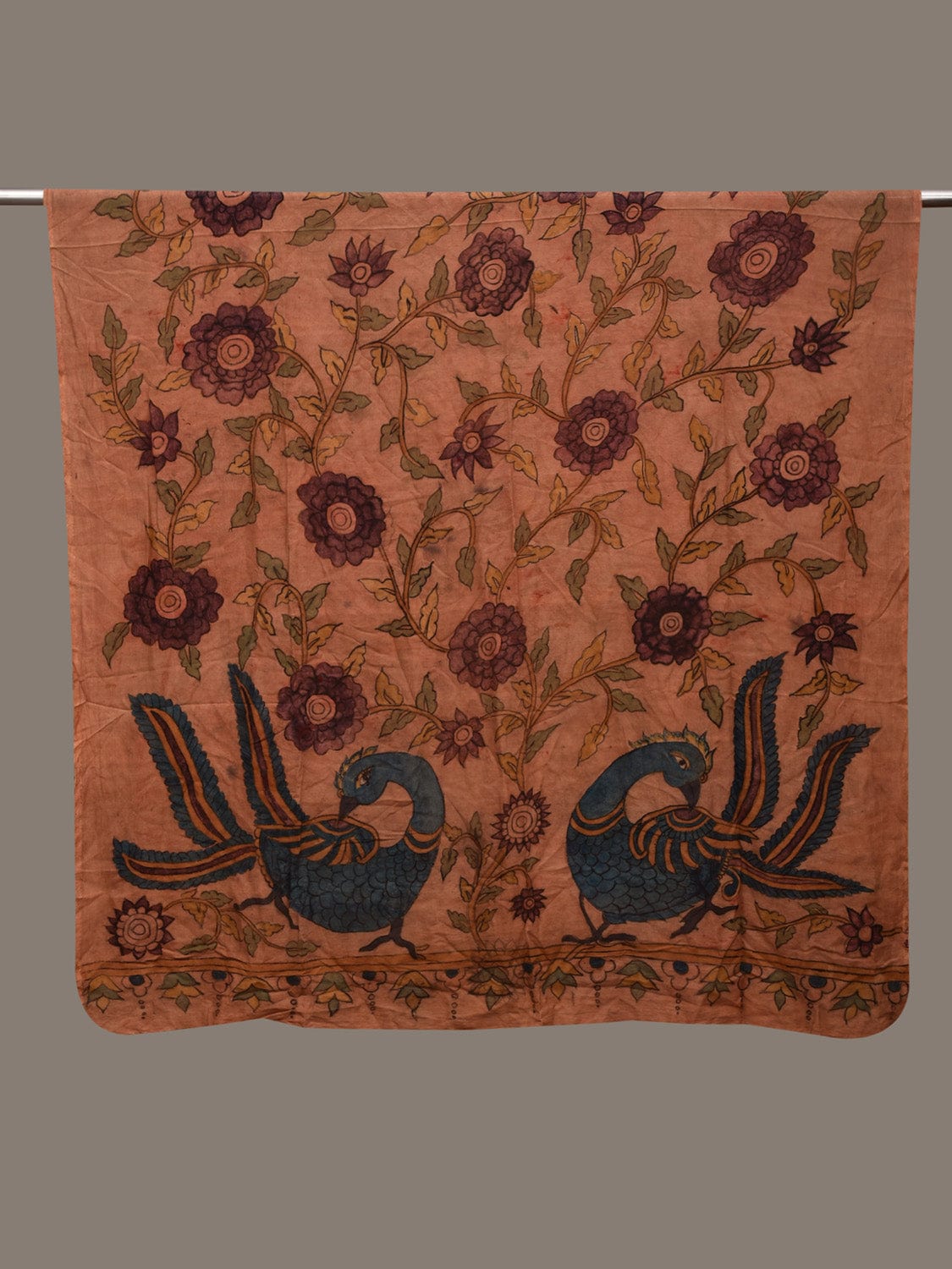Rust Kalamkari Hand Painted Cotton Silk Handloom Dupatta with Big Floral and Peacocks Design ds3001