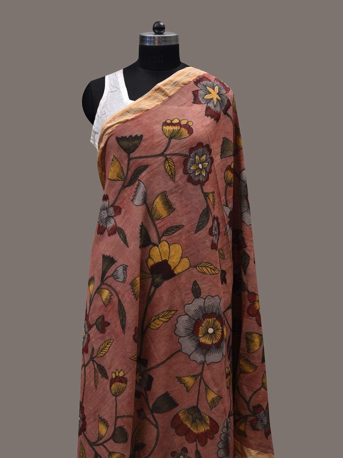 Rust Kalamkari Hand Painted Cotton Silk Handloom Dupatta with Floral Design ds2442