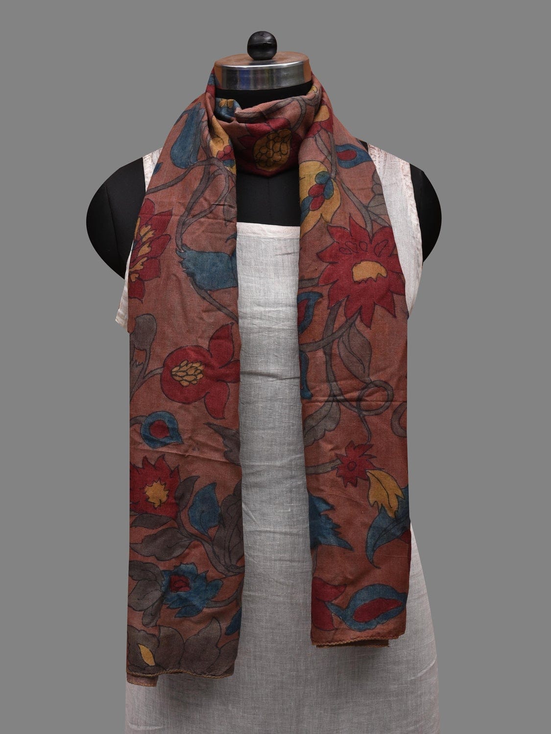 Rust Kalamkari Hand Painted Cotton Silk Handloom Stole with Floral Design ds2627