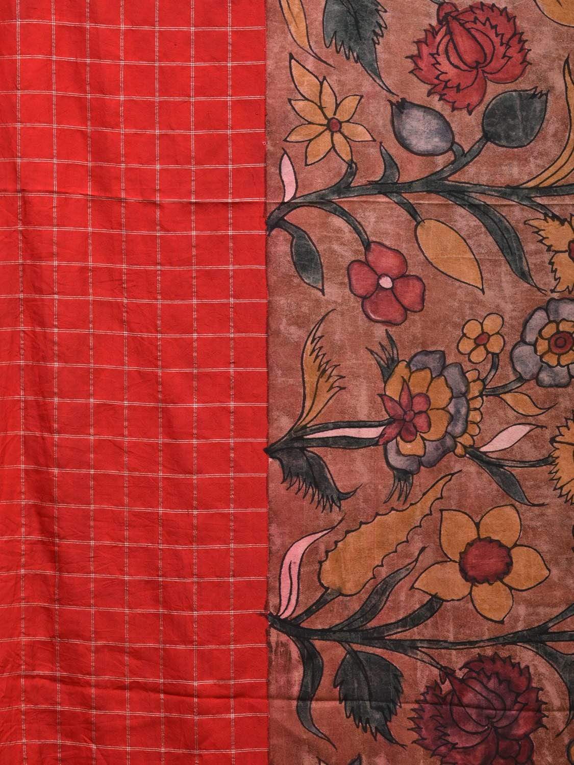 Rust Kalamkari Hand Painted Gadwal Silk Handloom Saree with Floral Design KL0495