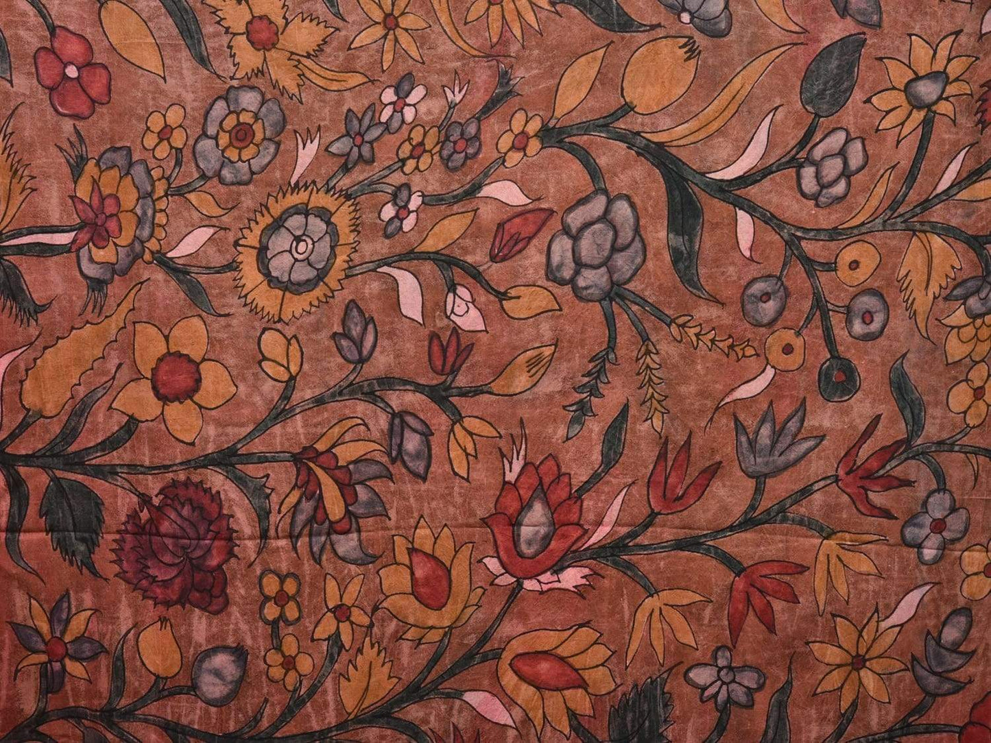 Rust Kalamkari Hand Painted Gadwal Silk Handloom Saree with Floral Design KL0495