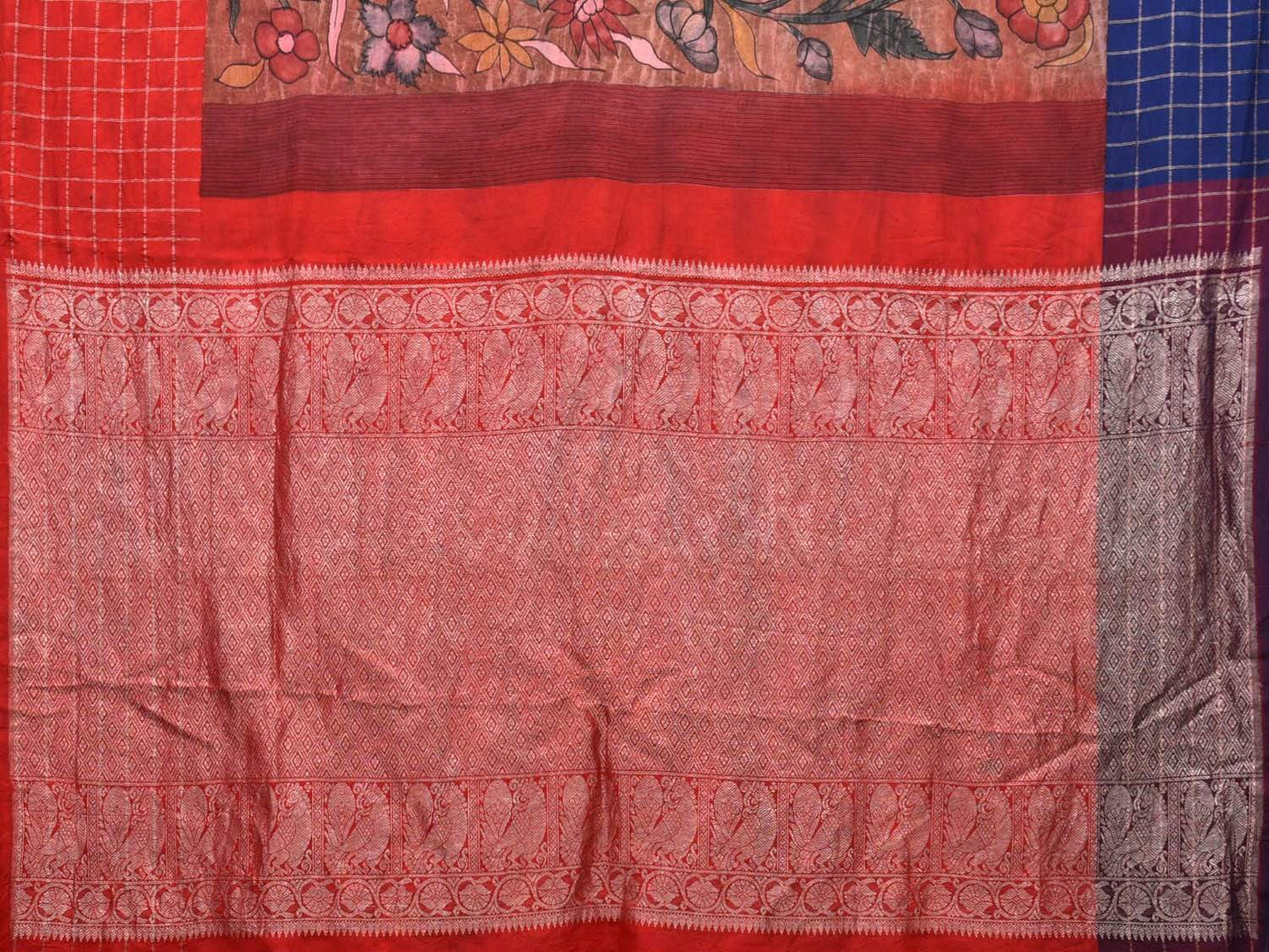 Rust Kalamkari Hand Painted Gadwal Silk Handloom Saree with Floral Design KL0495