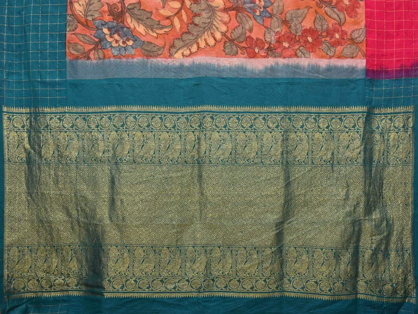 Rust Kalamkari Hand Painted Gadwal Silk Handloom Saree with Ganga-Jamuna Checks Border Design KL0441