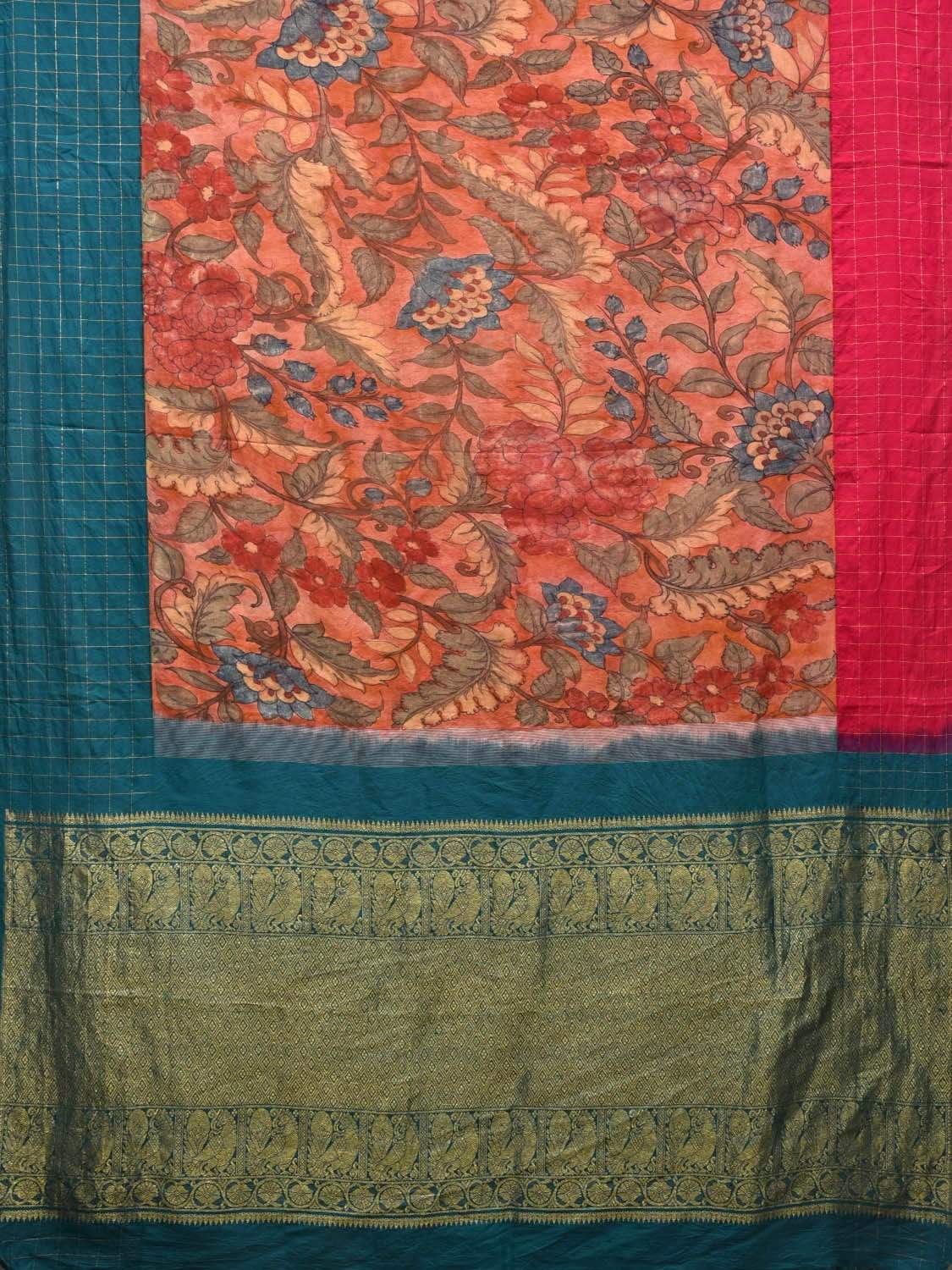 Rust Kalamkari Hand Painted Gadwal Silk Handloom Saree with Ganga-Jamuna Checks Border Design KL0441
