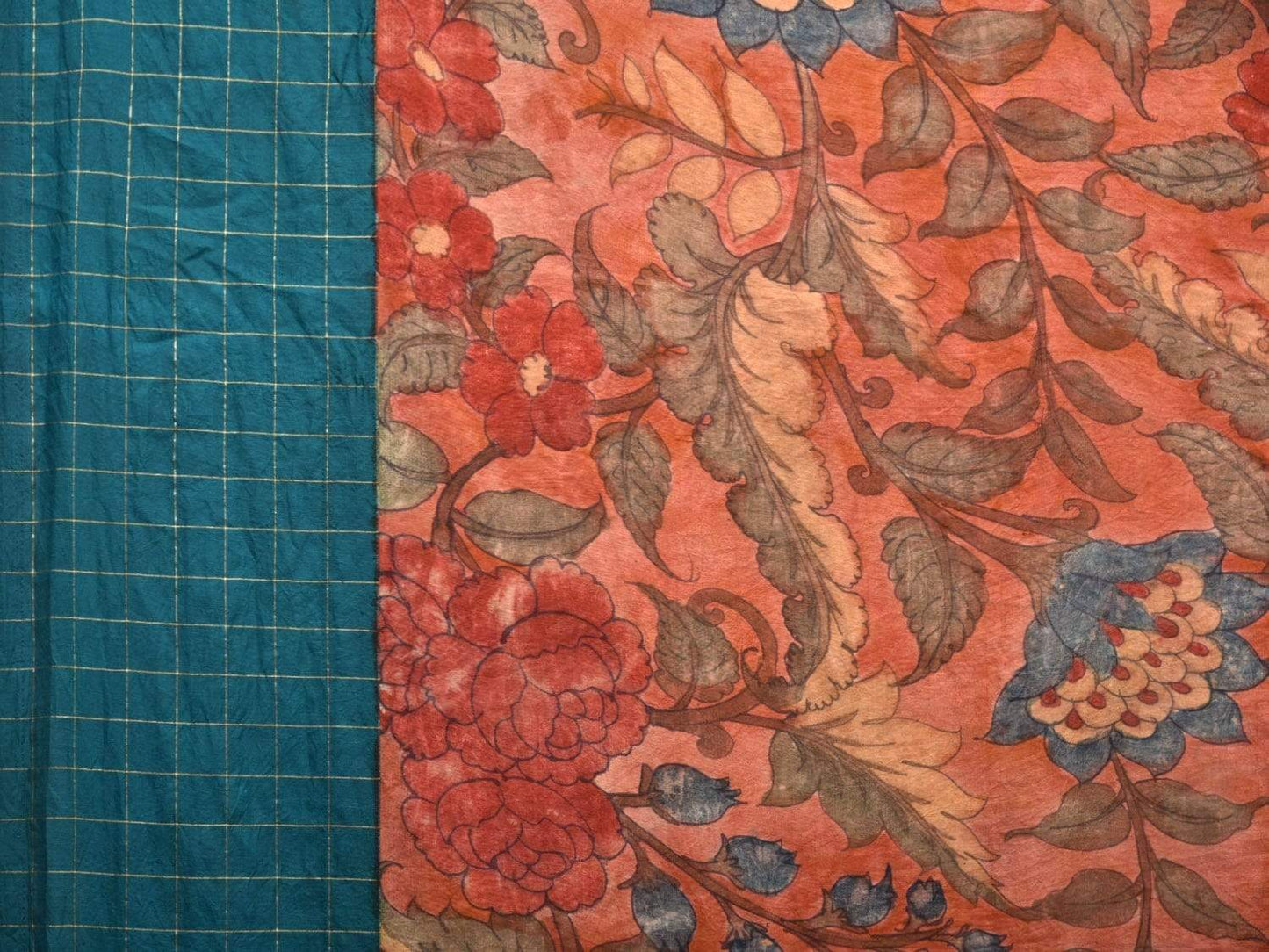 Rust Kalamkari Hand Painted Gadwal Silk Handloom Saree with Ganga-Jamuna Checks Border Design KL0441
