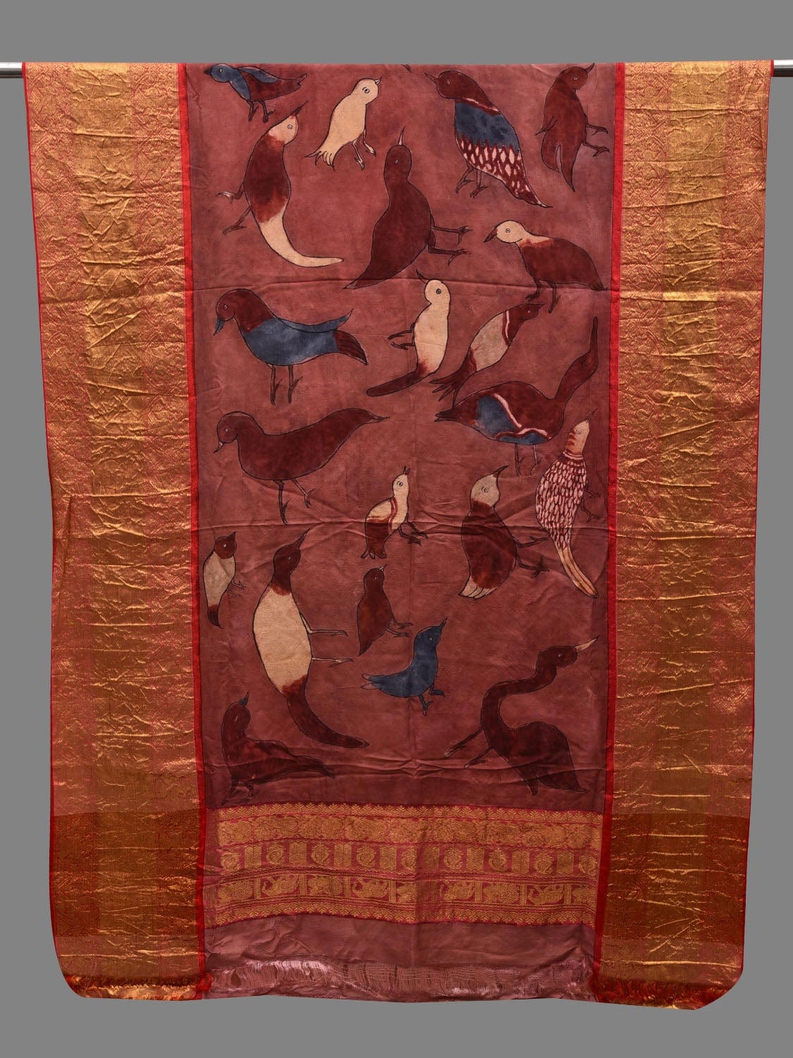 Rust Kalamkari Hand Painted Kanchipuram Silk Handloom Dupatta with Birds Design ds2623