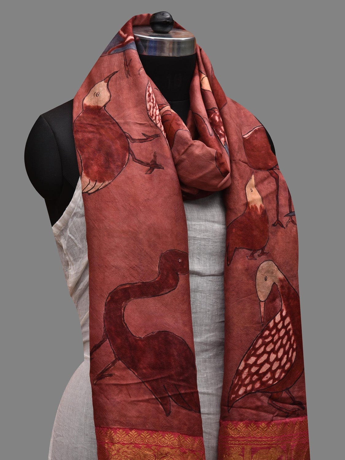 Rust Kalamkari Hand Painted Kanchipuram Silk Handloom Dupatta with Birds Design ds2623