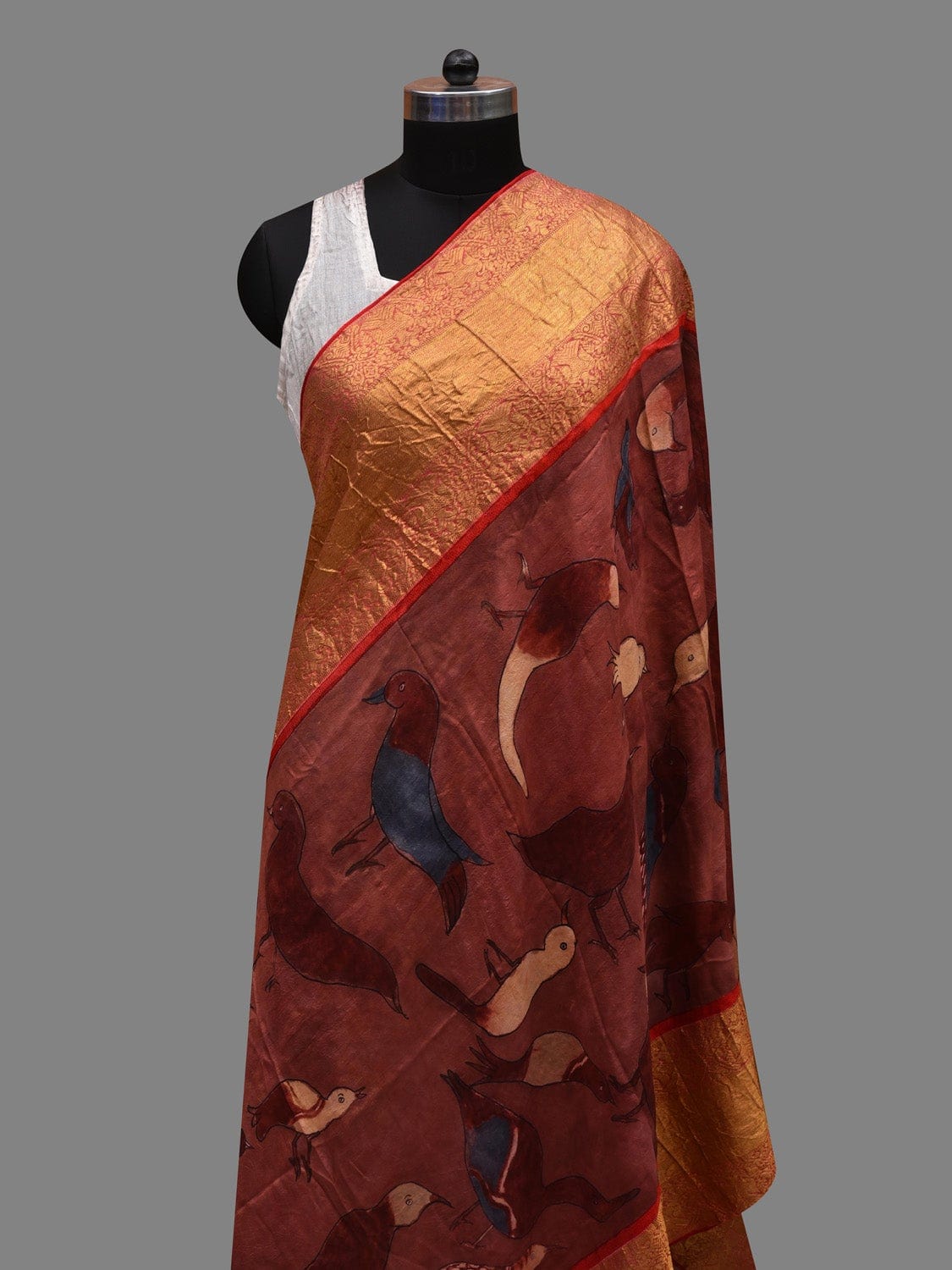 Rust Kalamkari Hand Painted Kanchipuram Silk Handloom Dupatta with Birds Design ds2623