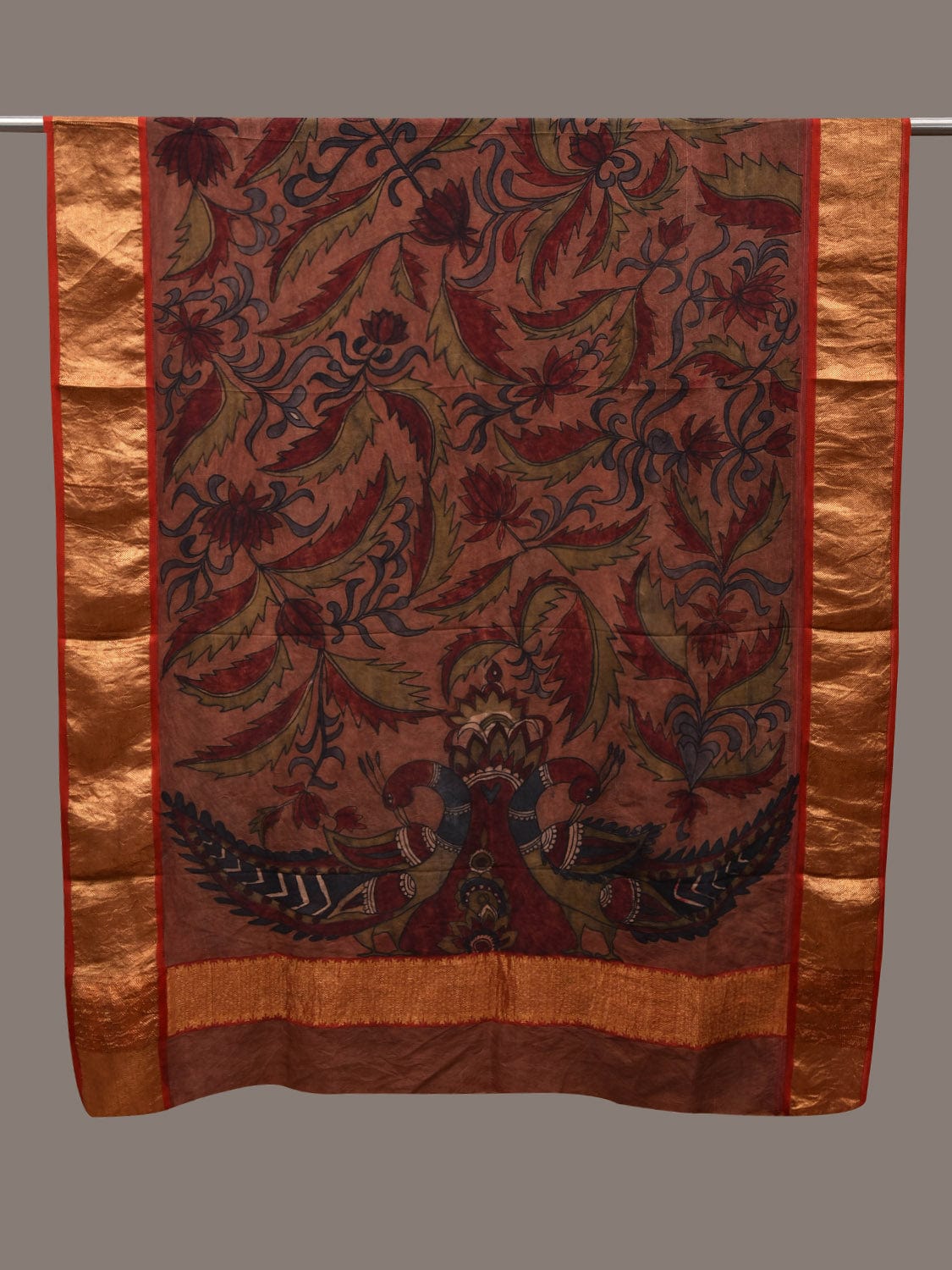Rust Kalamkari Hand Painted Kanchipuram Silk Handloom Dupatta with Floral and Peacocks Design ds2817