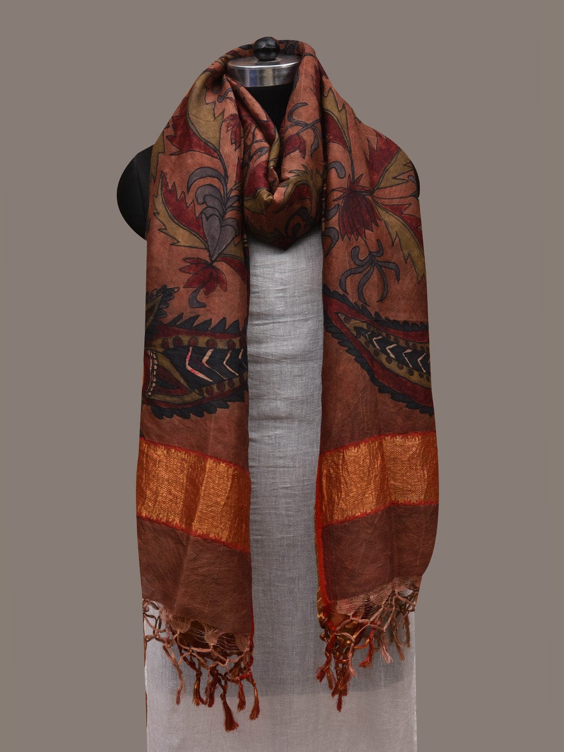 Rust Kalamkari Hand Painted Kanchipuram Silk Handloom Dupatta with Floral and Peacocks Design ds2817