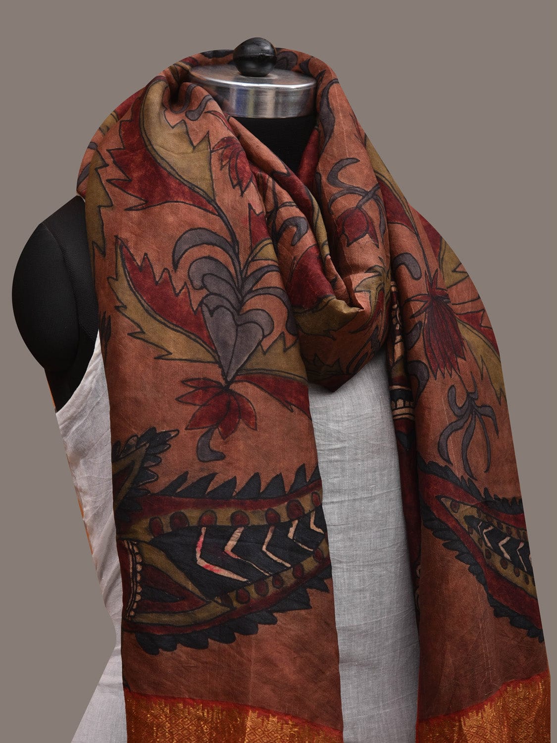 Rust Kalamkari Hand Painted Kanchipuram Silk Handloom Dupatta with Floral and Peacocks Design ds2817