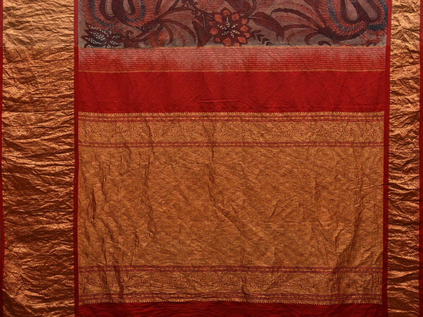 Rust Kalamkari Hand Painted Kanchipuram Silk Handloom Saree with Big Floral and Birds Design KL0591