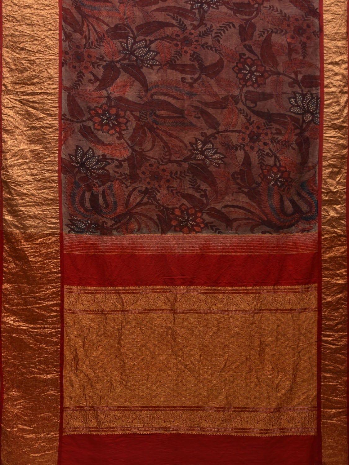Rust Kalamkari Hand Painted Kanchipuram Silk Handloom Saree with Big Floral and Birds Design KL0591