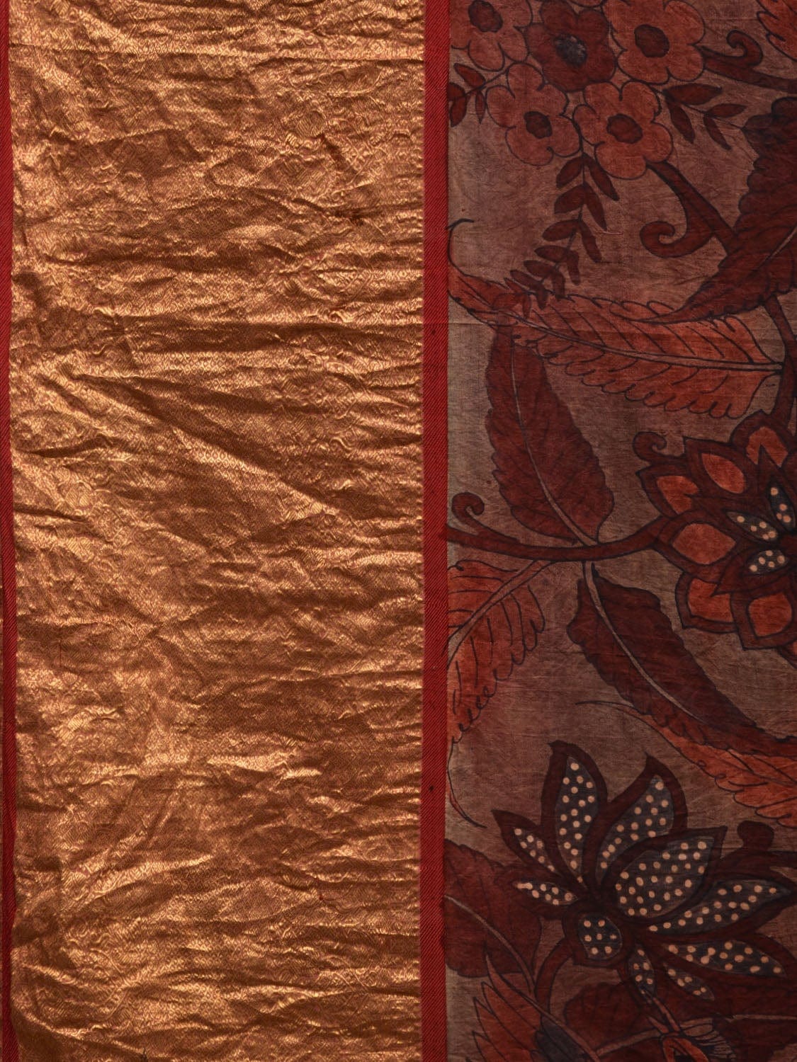 Rust Kalamkari Hand Painted Kanchipuram Silk Handloom Saree with Big Floral and Birds Design KL0591