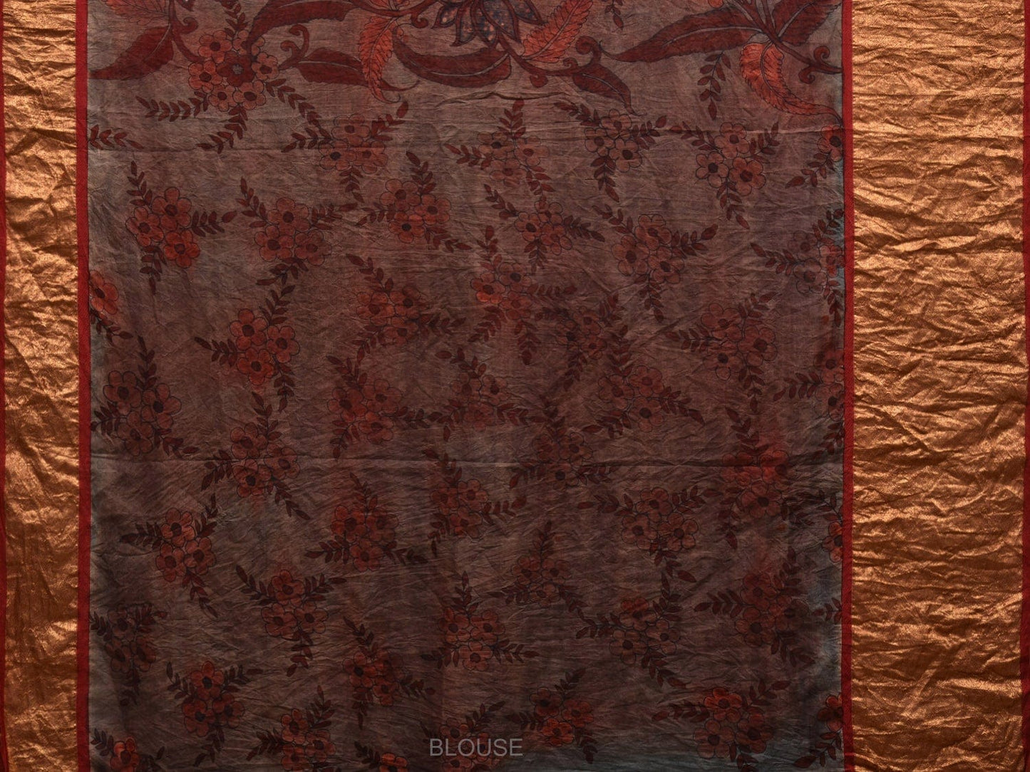 Rust Kalamkari Hand Painted Kanchipuram Silk Handloom Saree with Big Floral and Birds Design KL0591