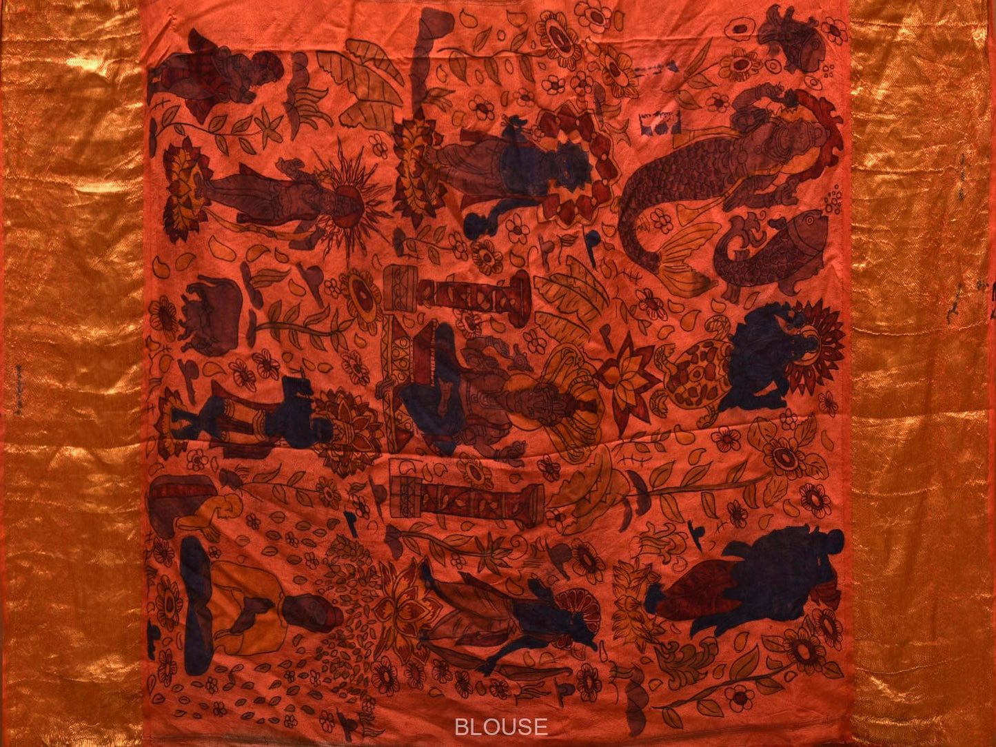 Rust Kalamkari Hand Painted Kanchipuram Silk Handloom Saree with Dashavatar Design Kl0654