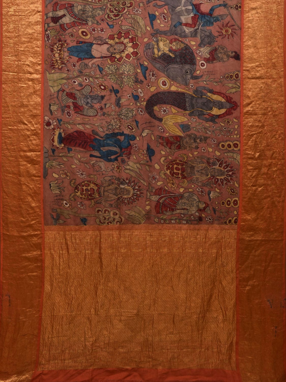 Rust Kalamkari Hand Painted Kanchipuram Silk Handloom Saree with Dashavatar Design Kl0654