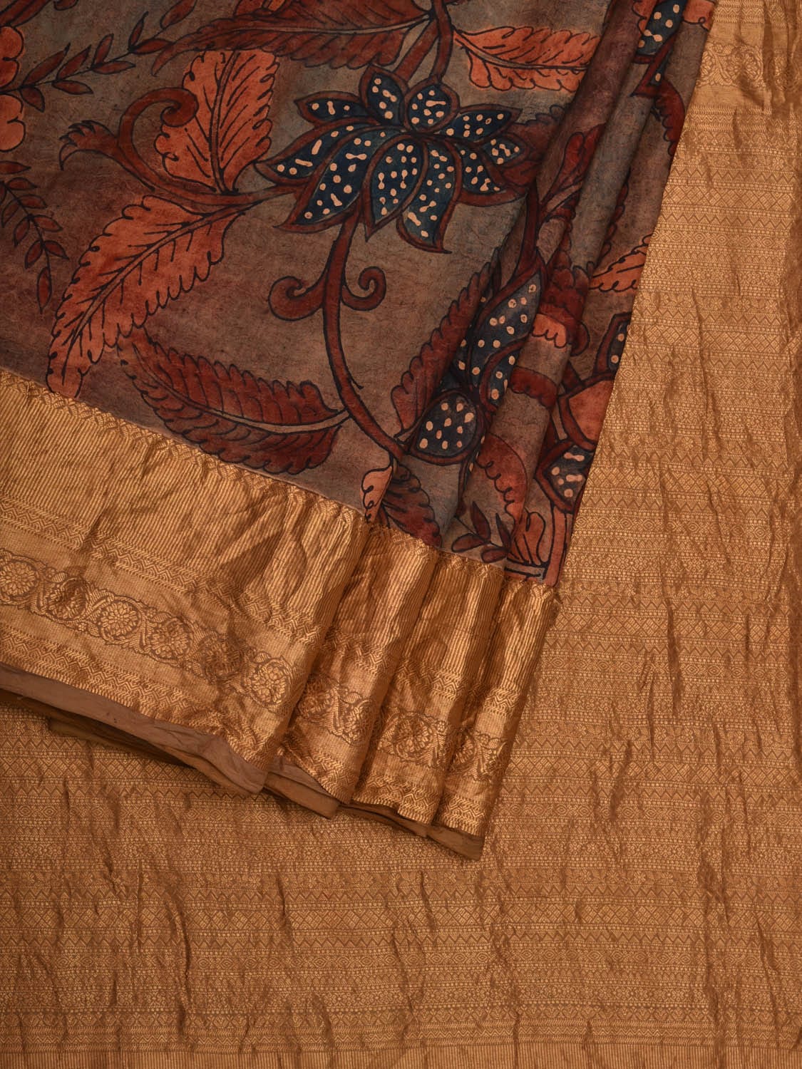 Rust Kalamkari Hand Painted Kanchipuram Silk Handloom Saree with Floral and Birds Design KL0604