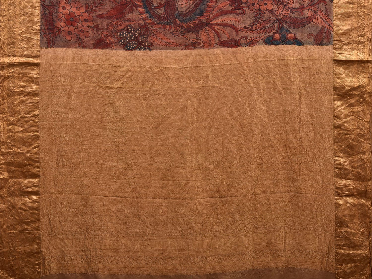 Rust Kalamkari Hand Painted Kanchipuram Silk Handloom Saree with Floral and Birds Design KL0604