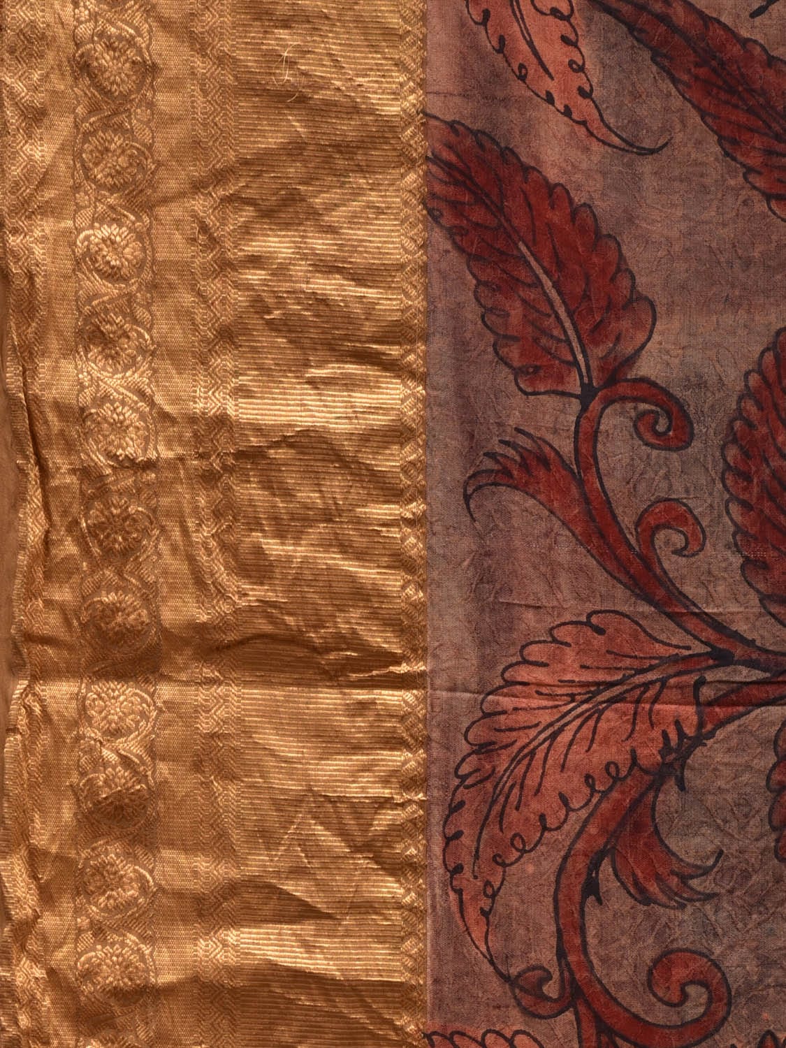 Rust Kalamkari Hand Painted Kanchipuram Silk Handloom Saree with Floral and Birds Design KL0604