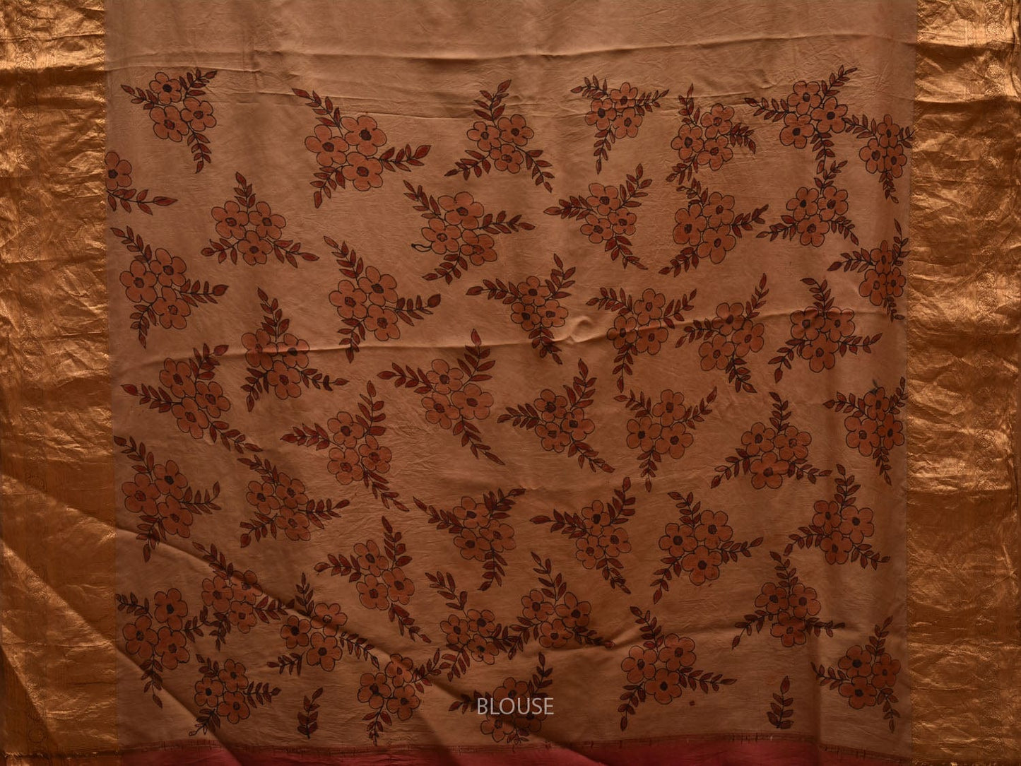 Rust Kalamkari Hand Painted Kanchipuram Silk Handloom Saree with Floral and Birds Design KL0604