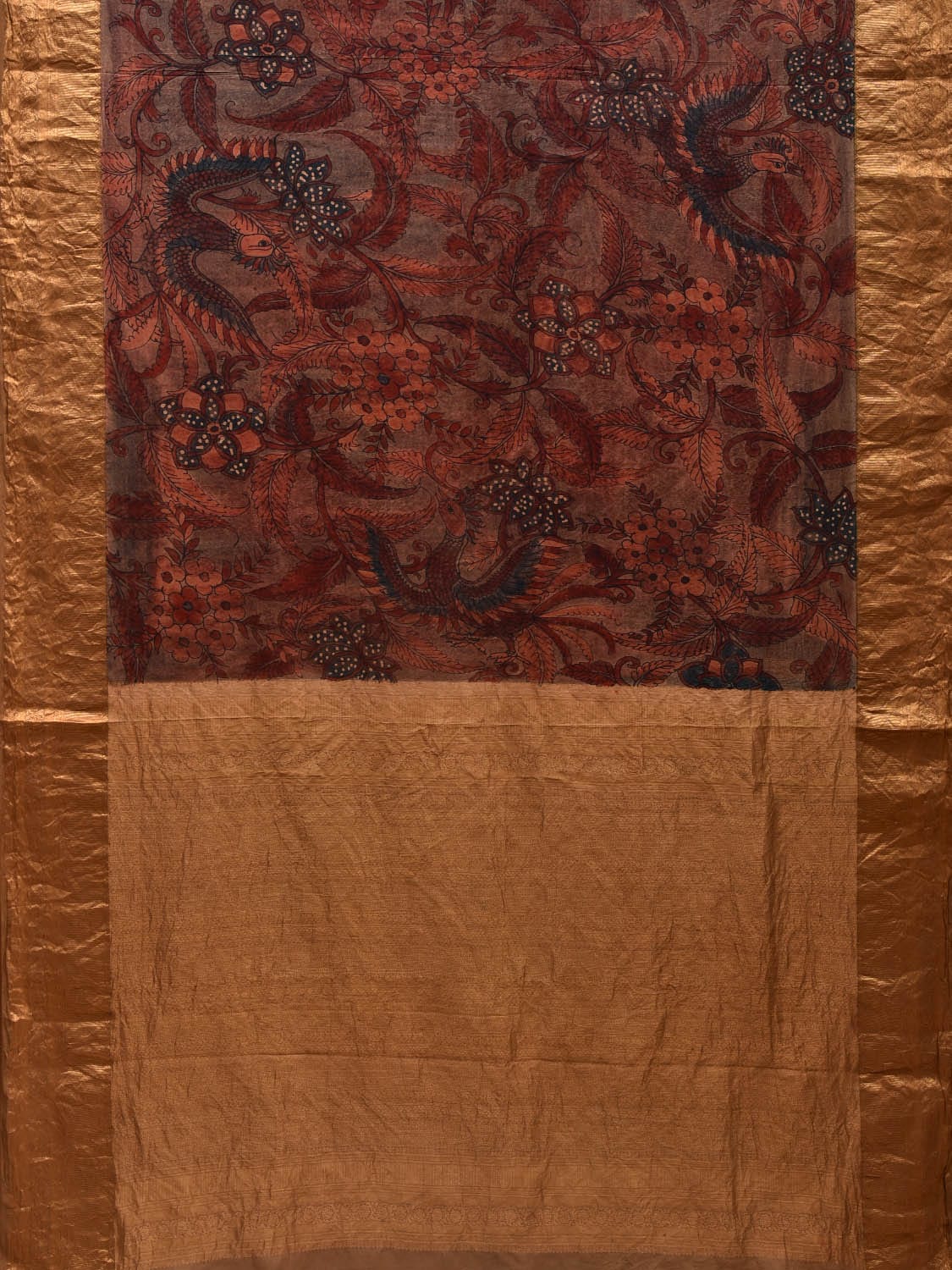 Rust Kalamkari Hand Painted Kanchipuram Silk Handloom Saree with Floral and Birds Design KL0604