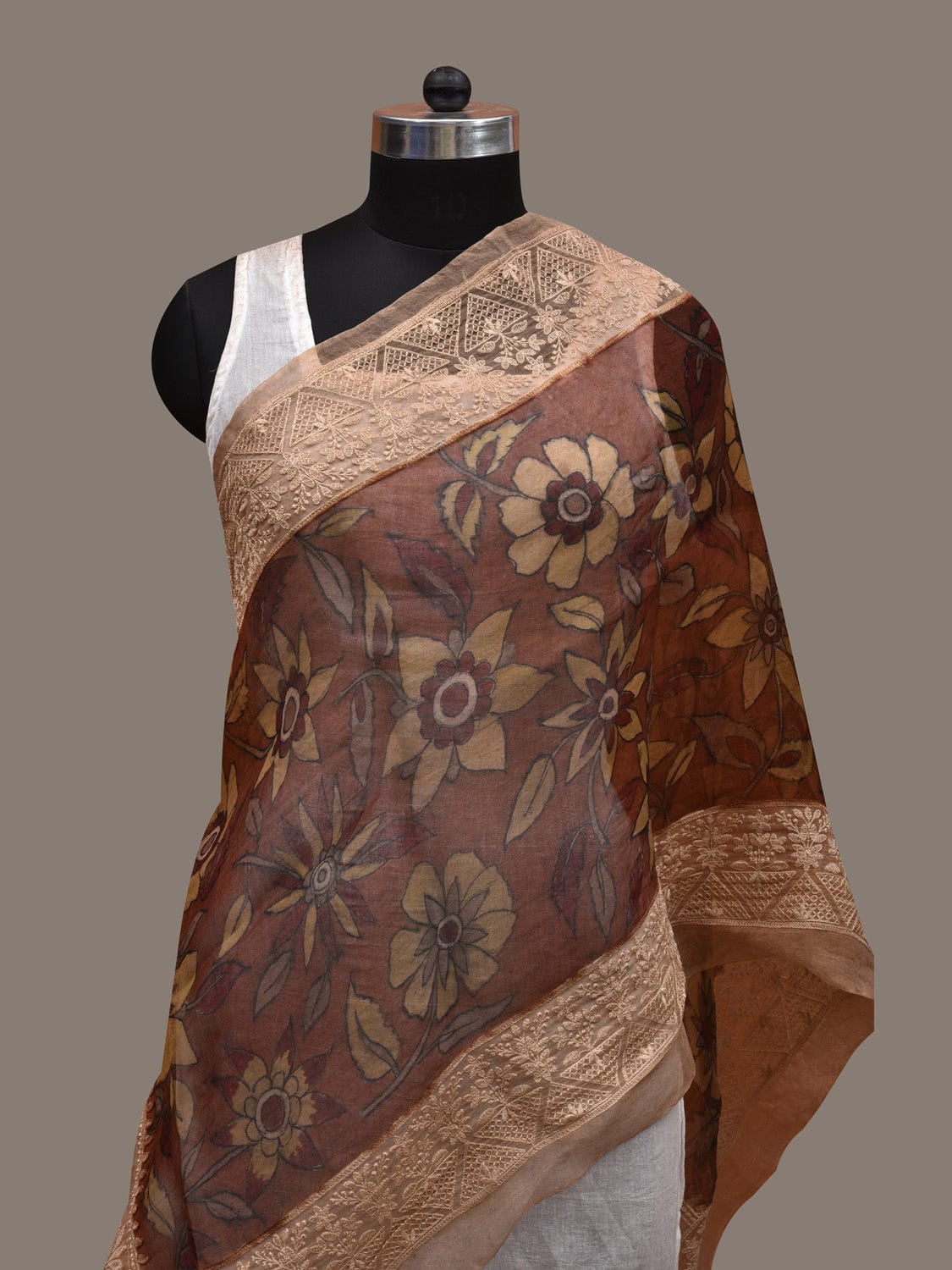 Rust Kalamkari Hand Painted Organza Silk Stole with Floral and Embroidary Design ds2895
