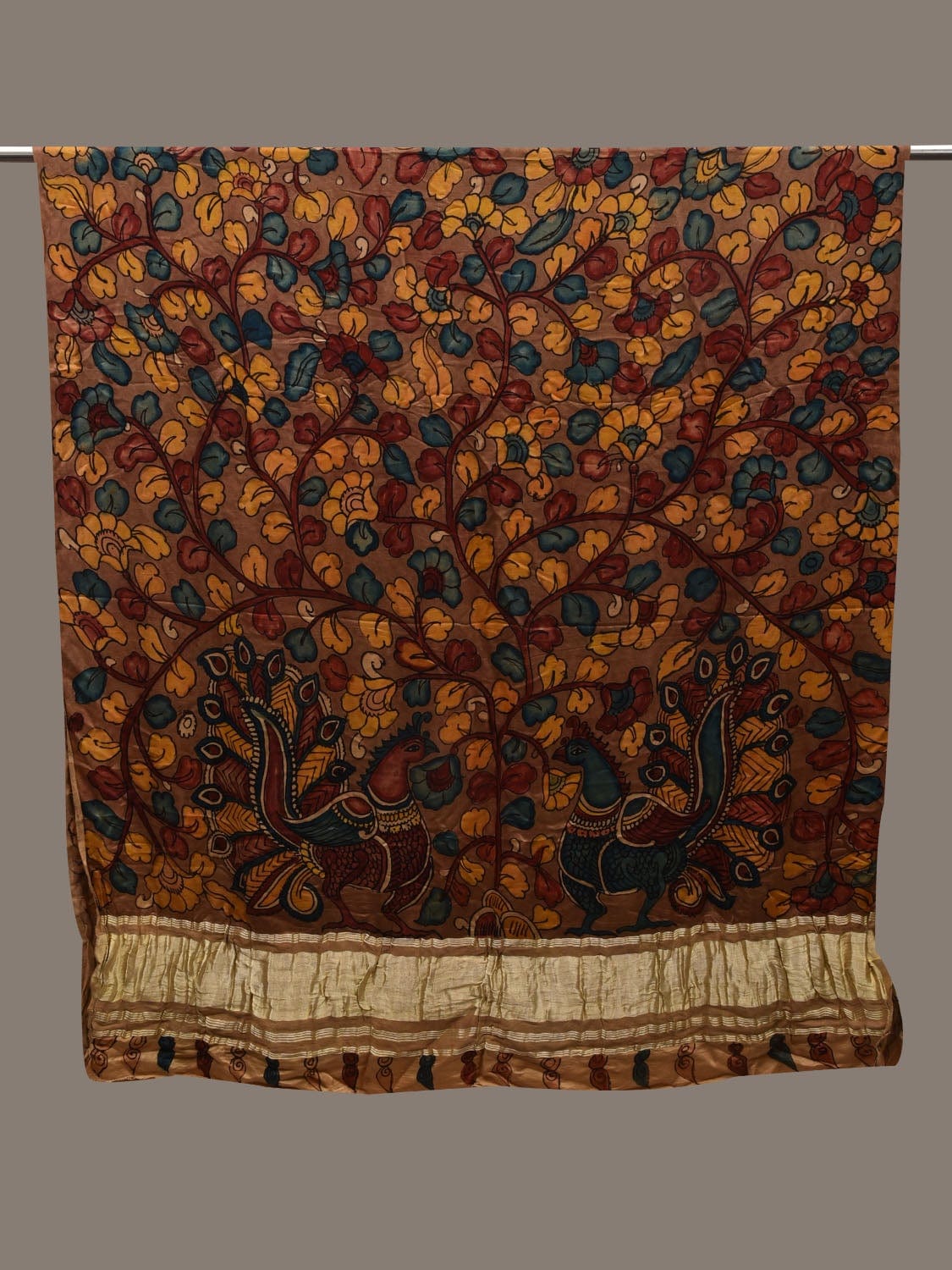 Rust Kalamkari Hand Painted Satin Silk Handloom Dupatta with Peacocks and Floral Design ds2645