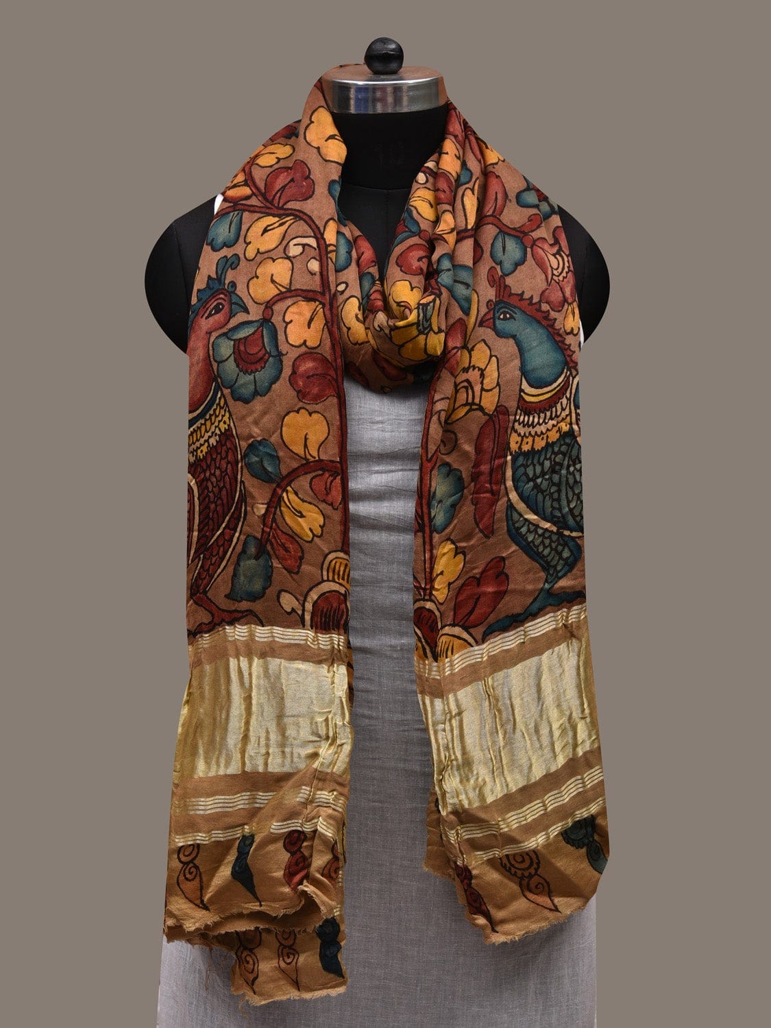 Rust Kalamkari Hand Painted Satin Silk Handloom Dupatta with Peacocks and Floral Design ds2645