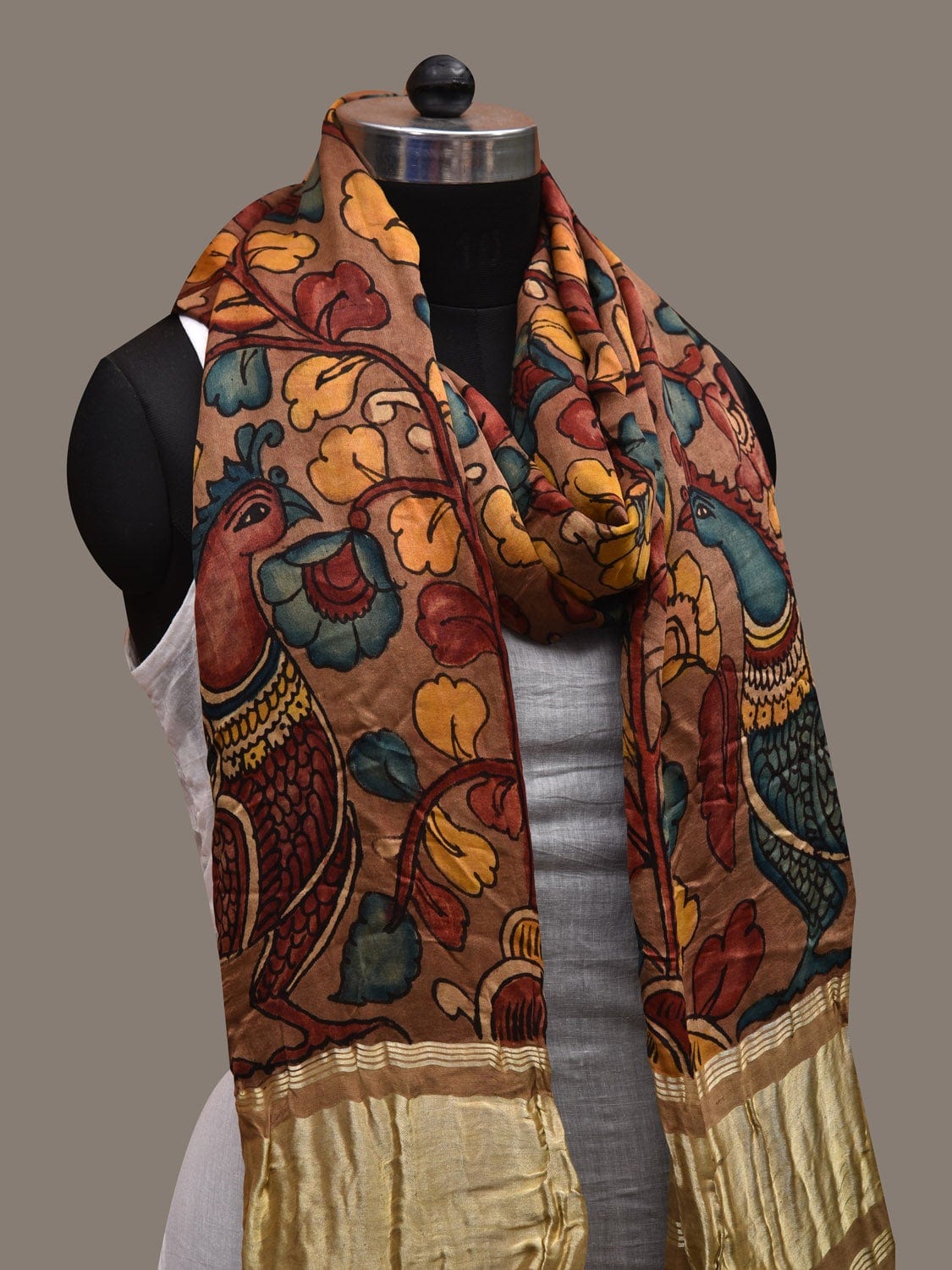 Rust Kalamkari Hand Painted Satin Silk Handloom Dupatta with Peacocks and Floral Design ds2645