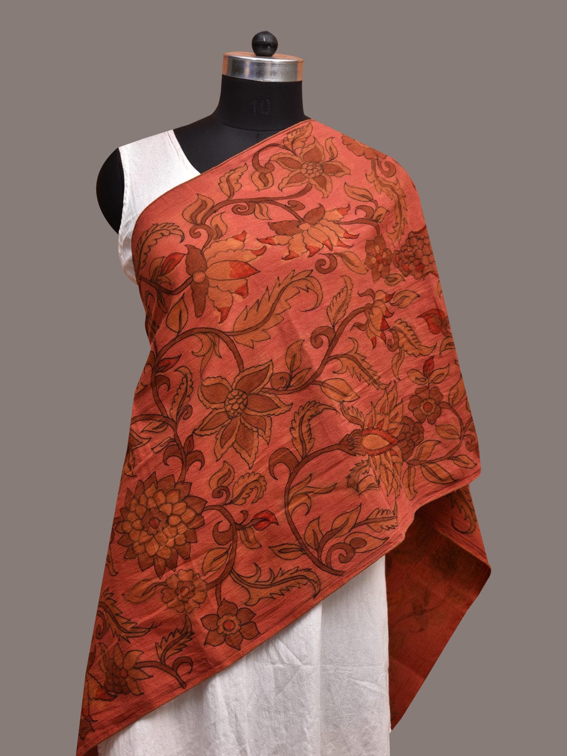 Rust Kalamkari Hand Painted Sico Stole with Floral Design ds3617