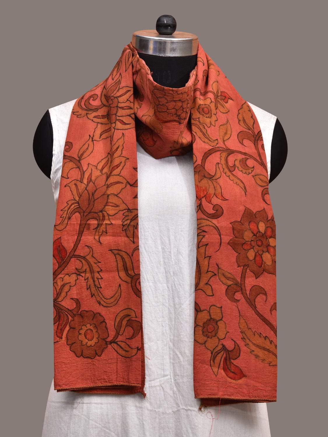 Rust Kalamkari Hand Painted Sico Stole with Floral Design ds3617