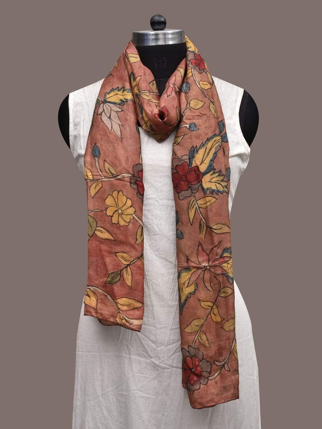 Rust Kalamkari Hand Painted Silk Stole with Floral Design ds2322