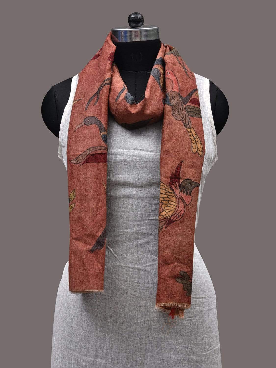 Rust Kalamkari Hand Painted Tussar Handloom Stole with Birds Design ds2415