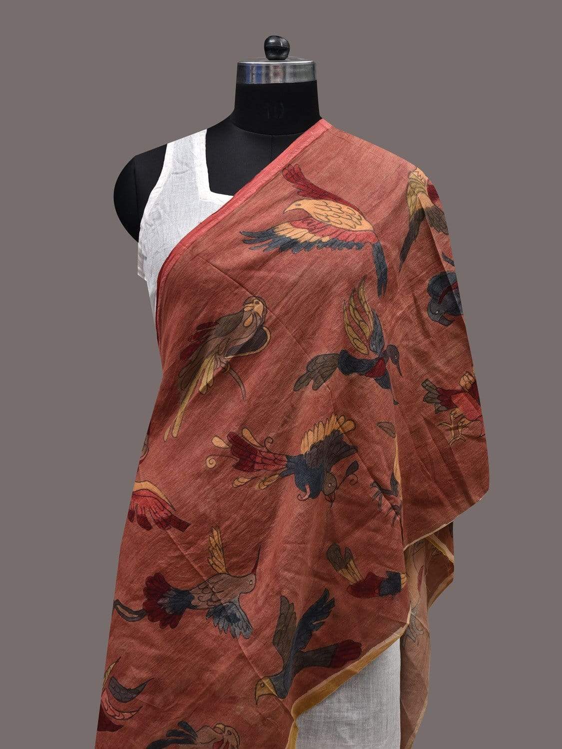 Rust Kalamkari Hand Painted Tussar Handloom Stole with Birds Design ds2415