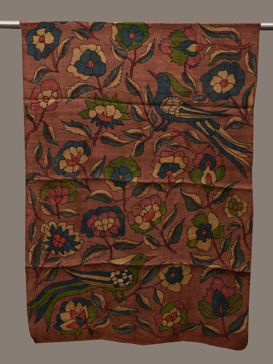 Rust Kalamkari Hand Painted Tussar Handloom Stole with Floral and Birds Design ds2686