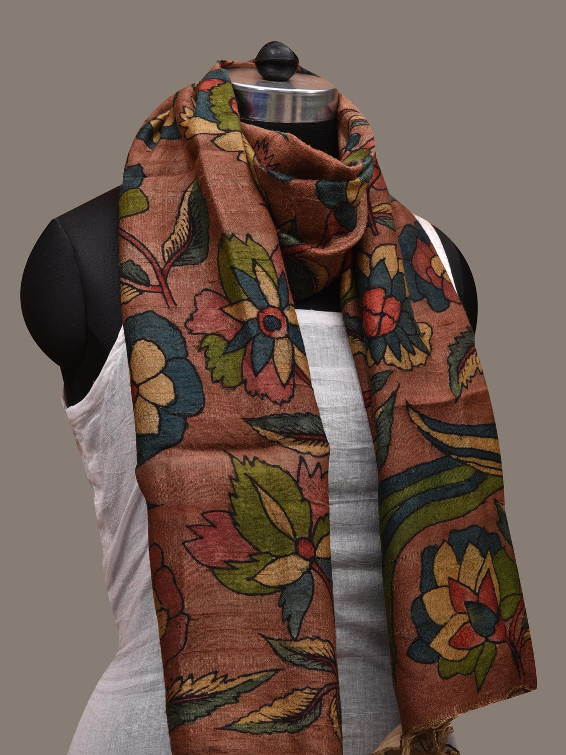 Rust Kalamkari Hand Painted Tussar Handloom Stole with Floral and Birds Design ds2686