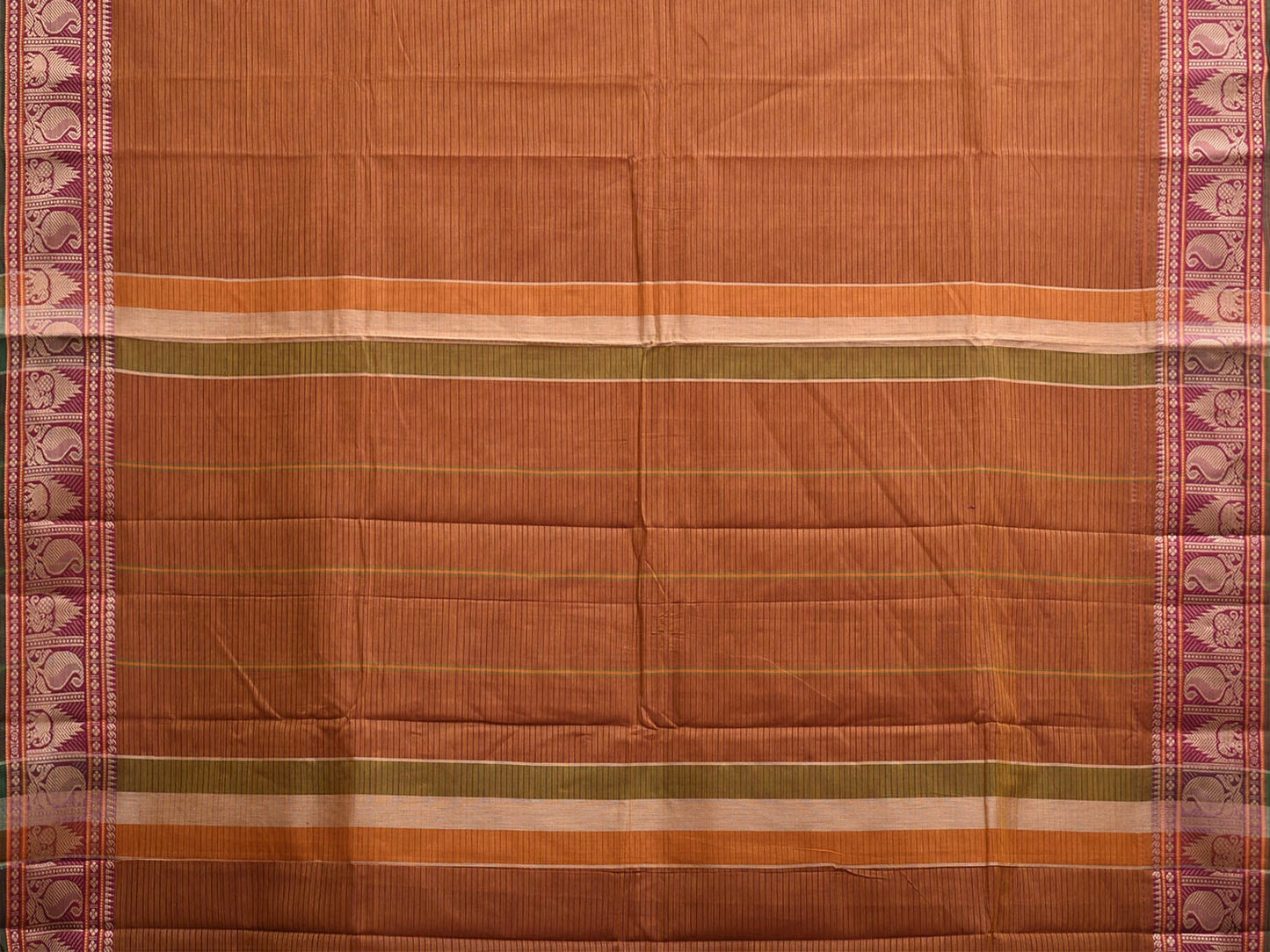 Rust Kanchipuram Cotton Saree with Strips Pallu and Border Design k0871