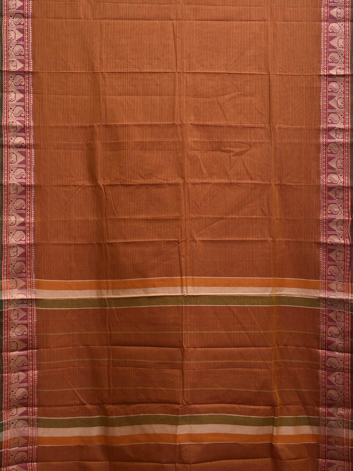 Rust Kanchipuram Cotton Saree with Strips Pallu and Border Design k0871