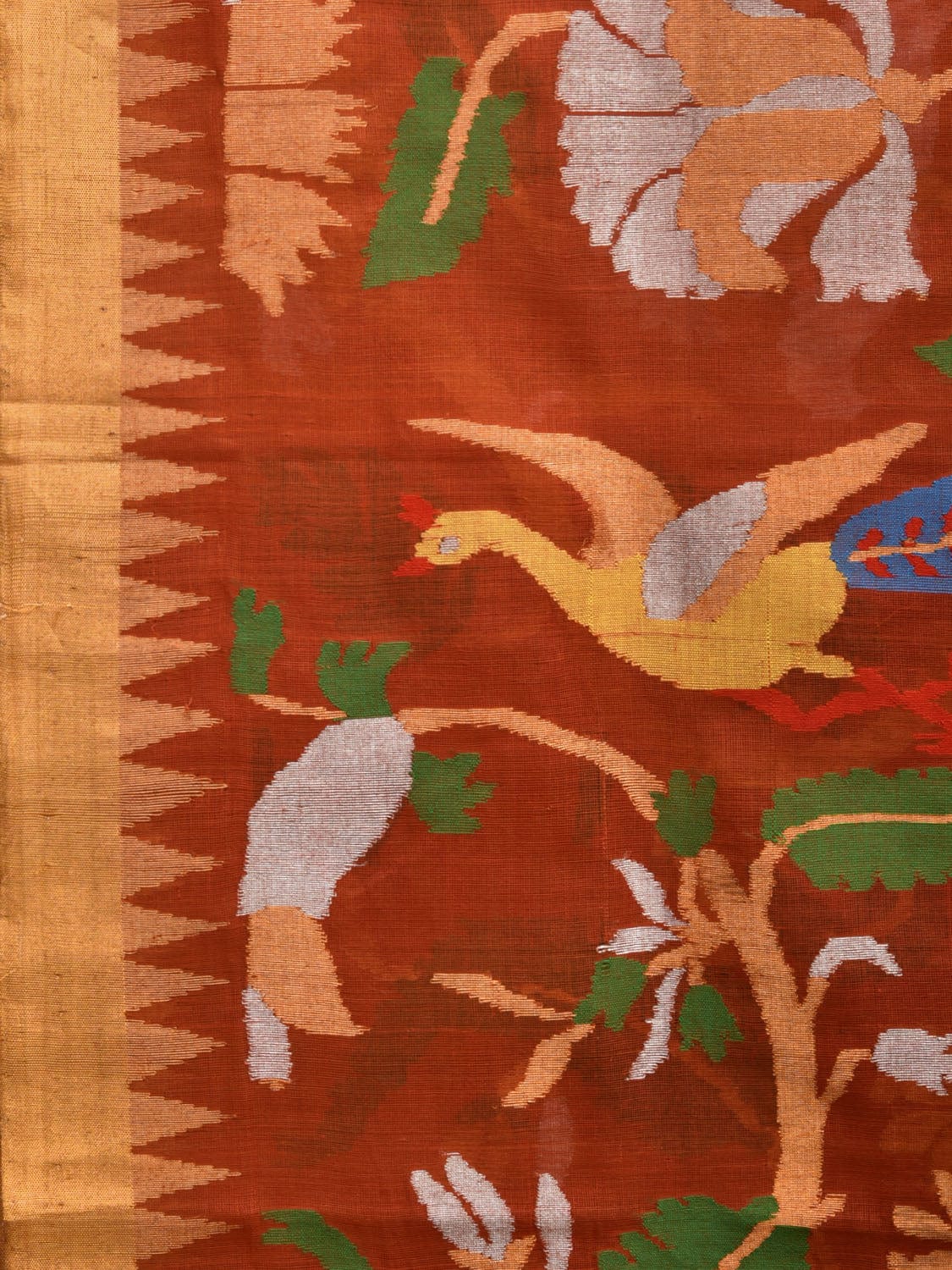 Rust Khadi Cotton Handloom Saree with All Over Floral and Peacocks Design kh0678