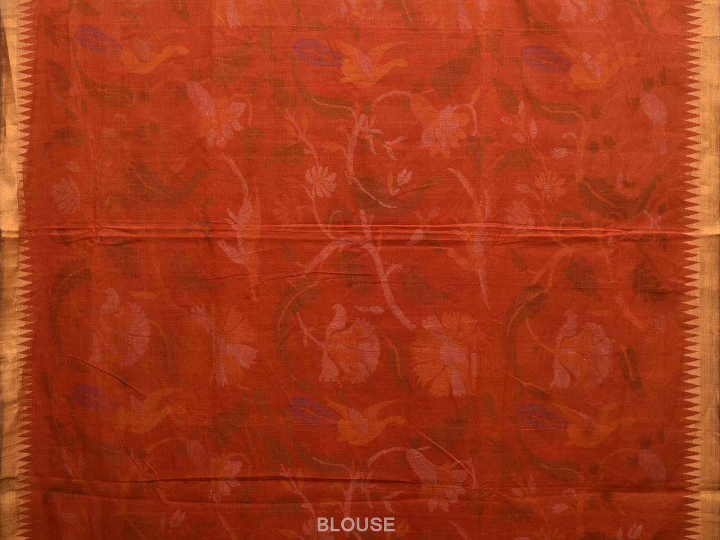 Rust Khadi Cotton Handloom Saree with All Over Floral and Peacocks Design kh0678