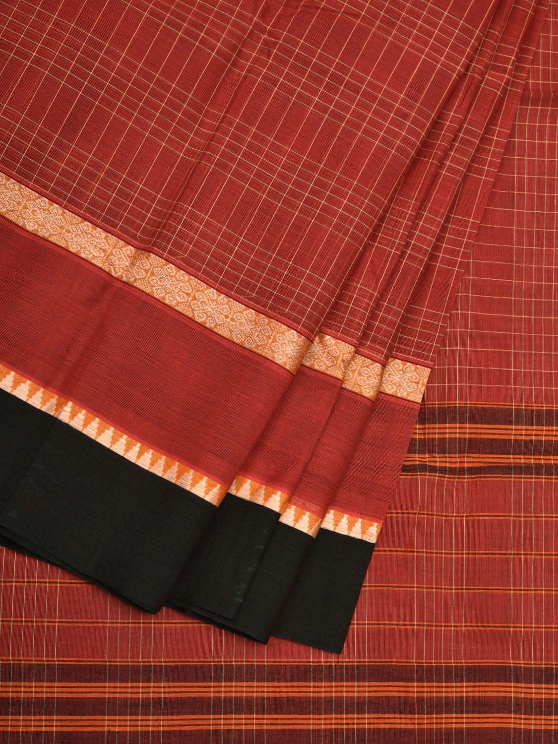 Rust Narayanpet Cotton Handloom Saree with Checks Design No Blouse np0524
