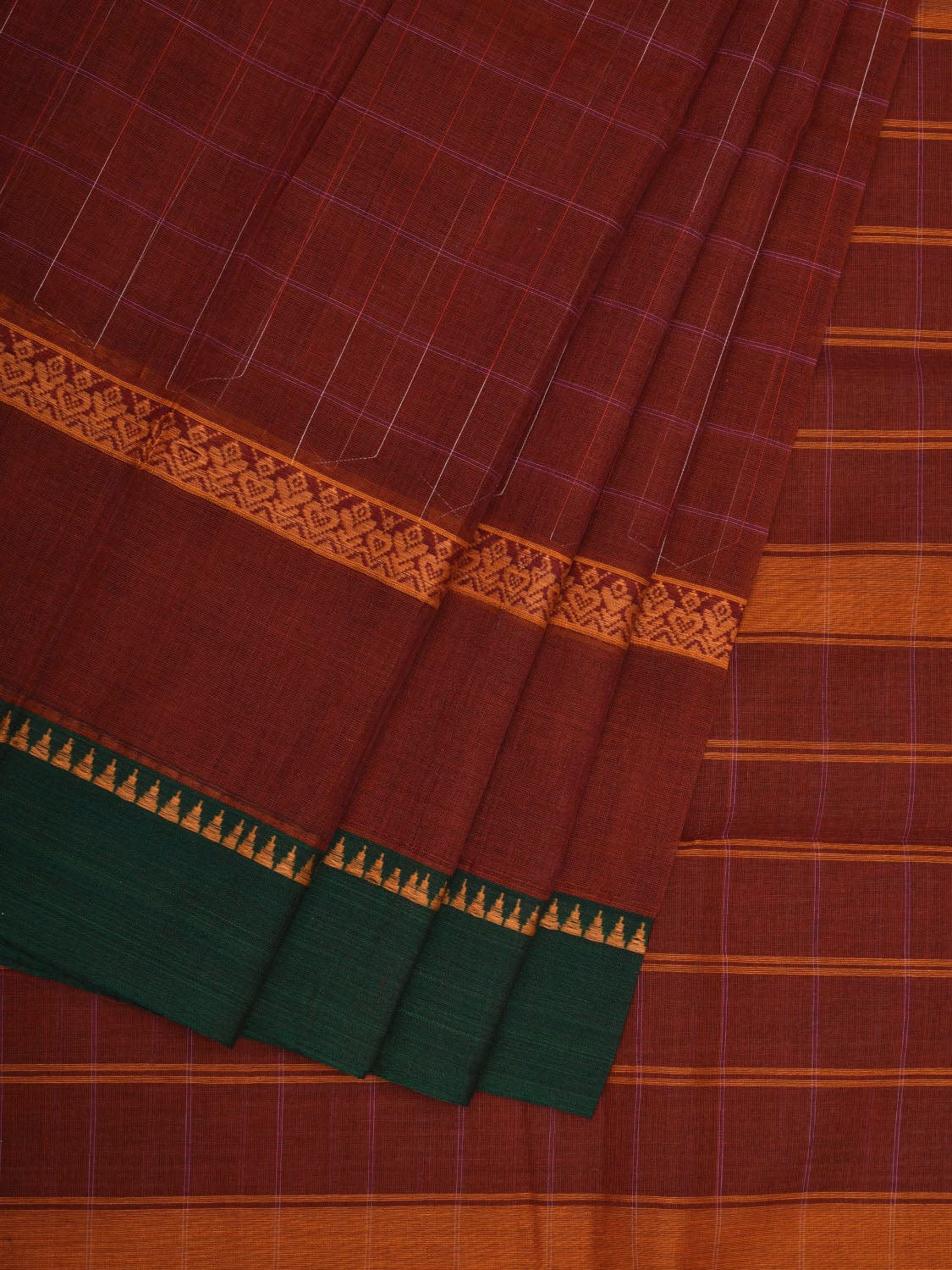 Rust Narayanpet Cotton Handloom Saree with Checks Design No Blouse np0619